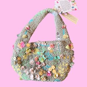 Made In India Flower Embroidered Beaded Handbag NEW Evening Bag Floral Clutch